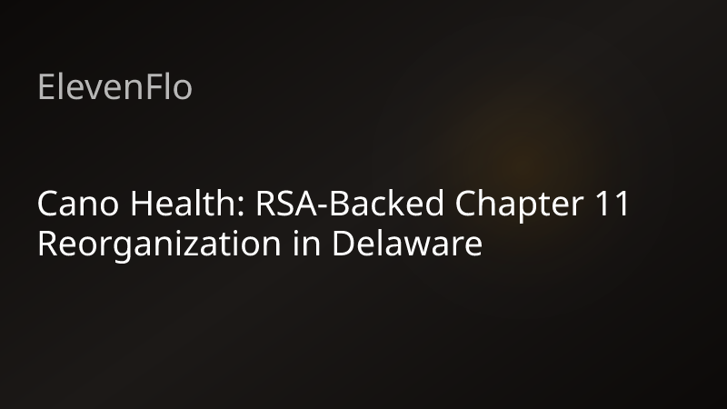 ElevenFlo blog post graphic for "Cano Health: RSA-Backed Chapter 11 Reorganization in Delaware"