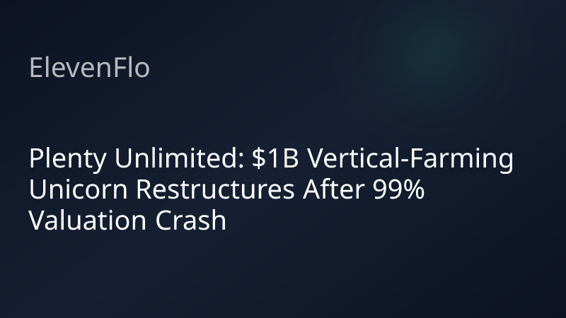 ElevenFlo blog post graphic for "Plenty Unlimited: $1B Vertical-Farming Unicorn Restructures After 99% Valuation Crash"