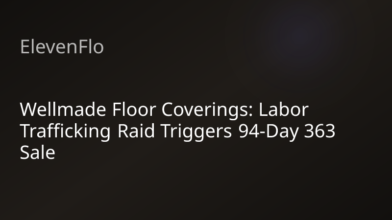 ElevenFlo blog post graphic for "Wellmade Floor Coverings: Labor Trafficking Raid Triggers 94-Day 363 Sale"